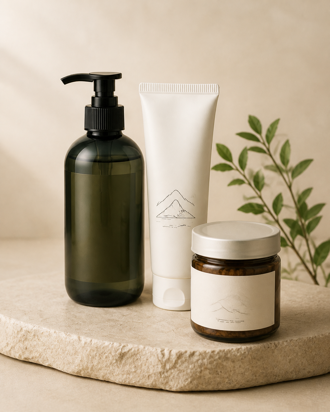 Japanese hand soap, face wash and bath salts arranged on pale stone